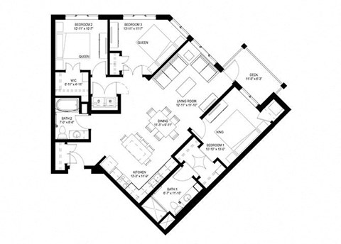 Floor plan for 3 beds, 2 baths, 1284 sqft